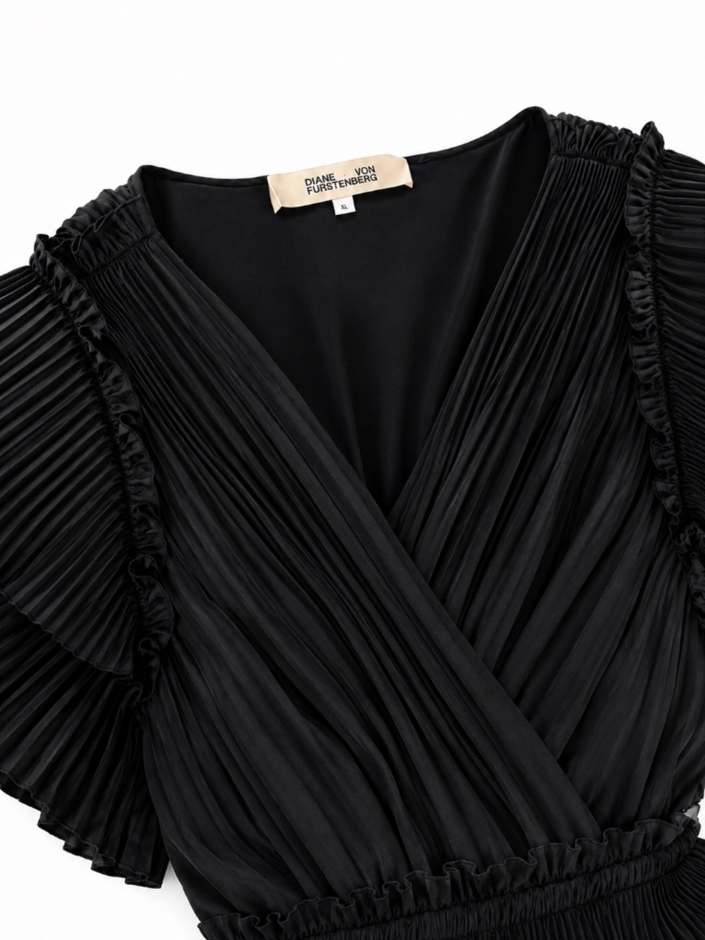 Diane von Furstenberg Black Pleated Wrap Midi Dress Cocktail Wedding Guest XL - Picture 6 of 13